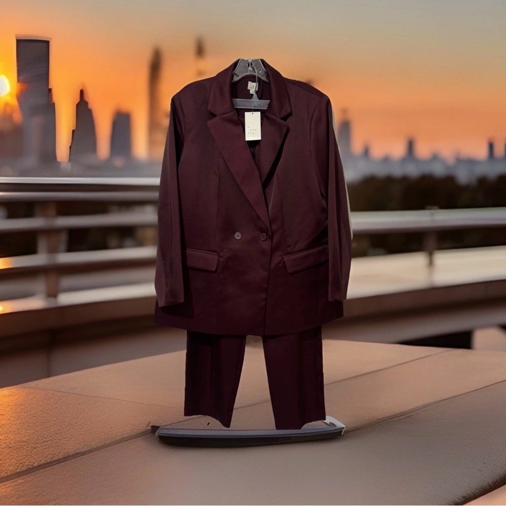Suit Set Blazer L /Pants SZ 12 Burgundy Satin Double Breasted Career Cocktail